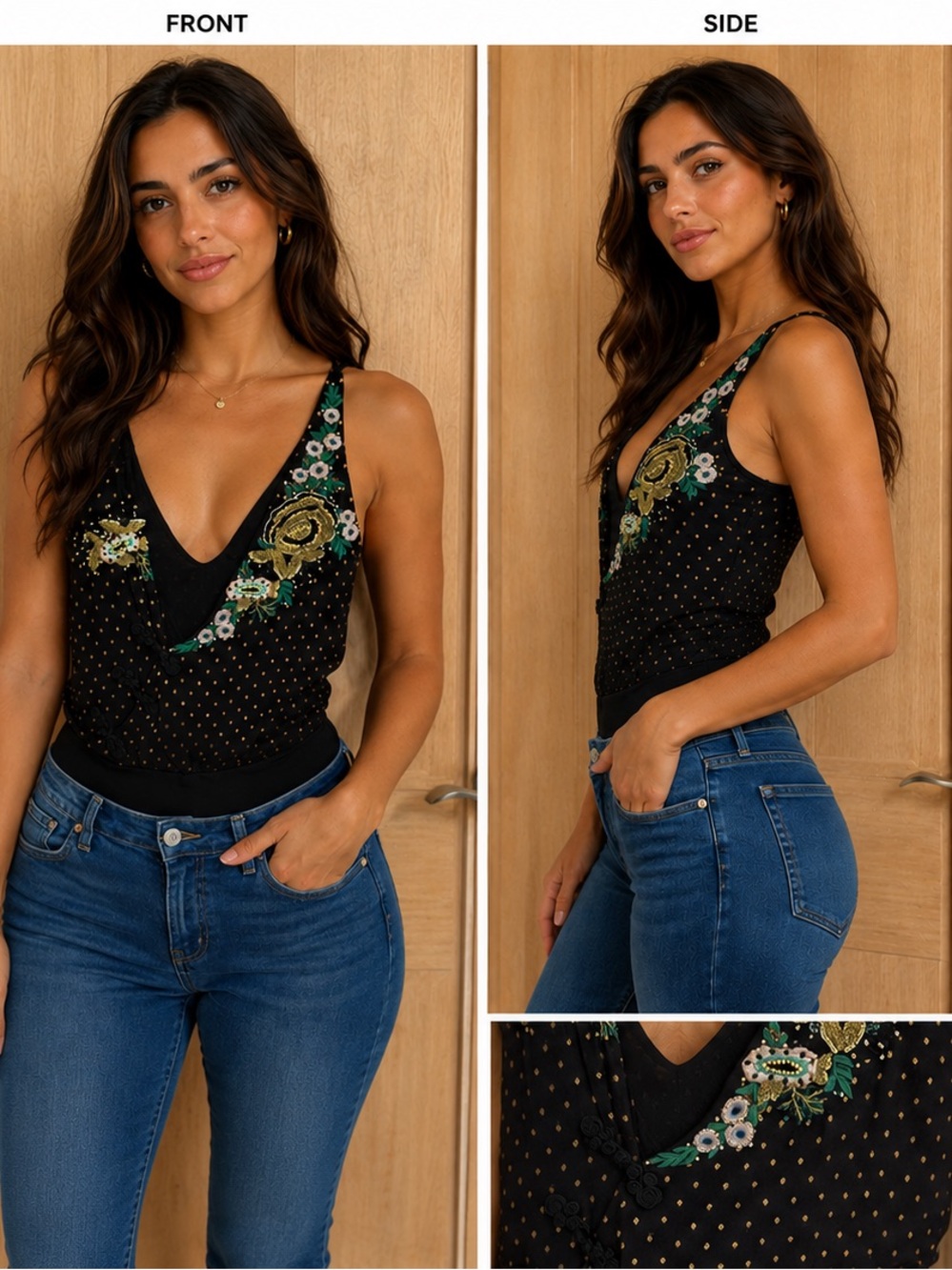 Zara Black Floral Embroidered V-Neck Tank Bodysuit